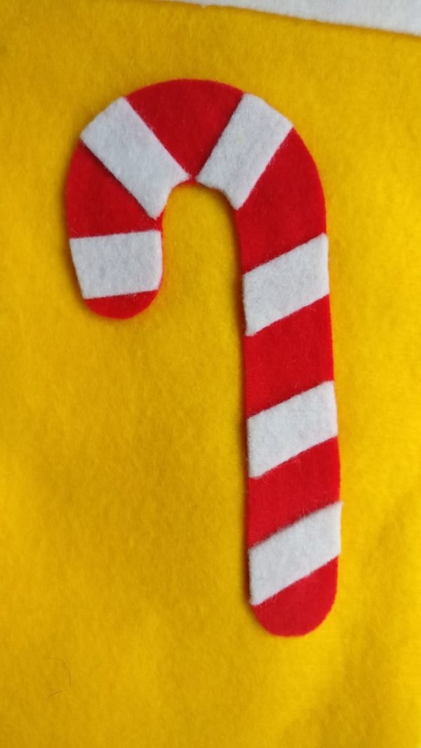 Handmade candy cane yellow felt Christmas stocking with cute button decorations and option to personalise with a name. - Image 4